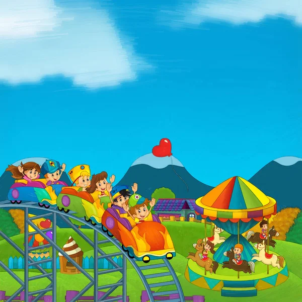 Scena Del Fumetto Con Bambini Che Giocano Parco Divertimenti Parco — Foto Stock