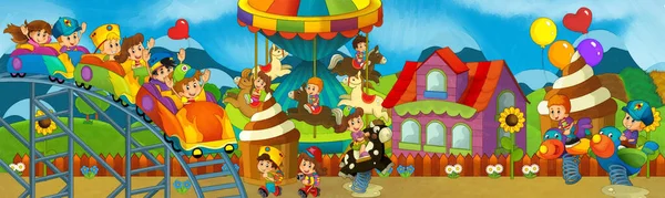 Cartoon Scene Kids Playing Funfair Amusement Park Playground Funny Illustration — Stock Photo, Image