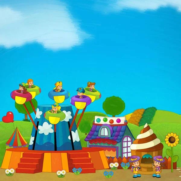 Rajzfilm Jelenet Gyerekek Játszanak Vidámpark Vagy Játszótér Vicces Illusztráció — Stock Fotó