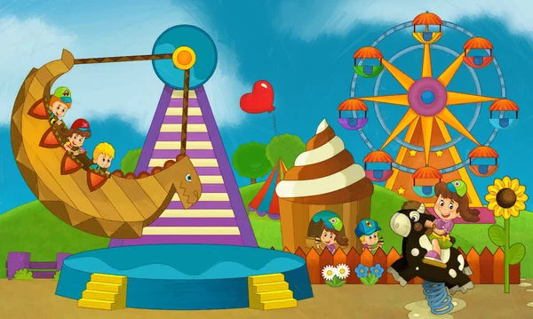 Lunaparktaki Çocukların Oynadığı Karikatür Sahnesi Oyun Parkındaki Komik Illüstrasyon — Stok fotoğraf