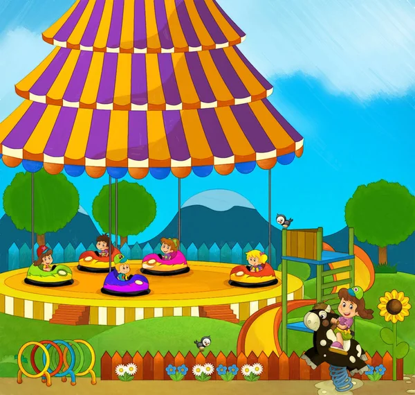 Escena Dibujos Animados Con Los Niños Jugando Parque Atracciones Feria — Foto de Stock