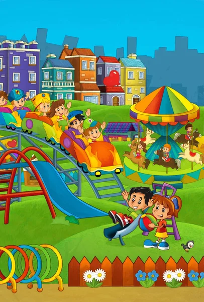Escena Dibujos Animados Con Los Niños Jugando Parque Atracciones Feria —  Fotos de Stock