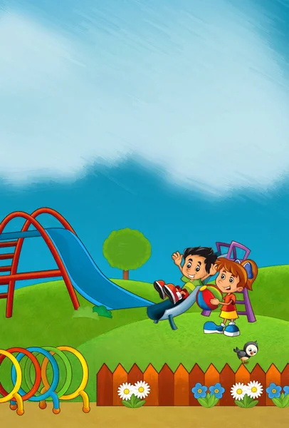 Kreslená Scéna Dětmi Hraje Zábavním Parku Zábavy Nebo Hřiště Legrační — Stock fotografie