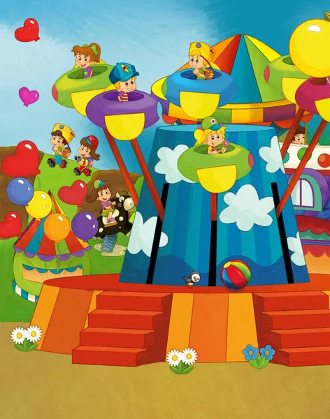 Cena Dos Desenhos Animados Com Crianças Jogando Parque Diversões Parque — Fotografia de Stock