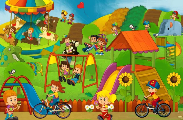 Scena Del Fumetto Con Bambini Che Giocano Parco Divertimenti Parco — Foto Stock