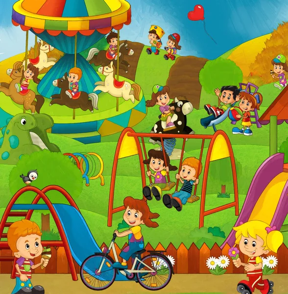 儿童在游乐场或游乐场玩耍的卡通片 — 图库照片