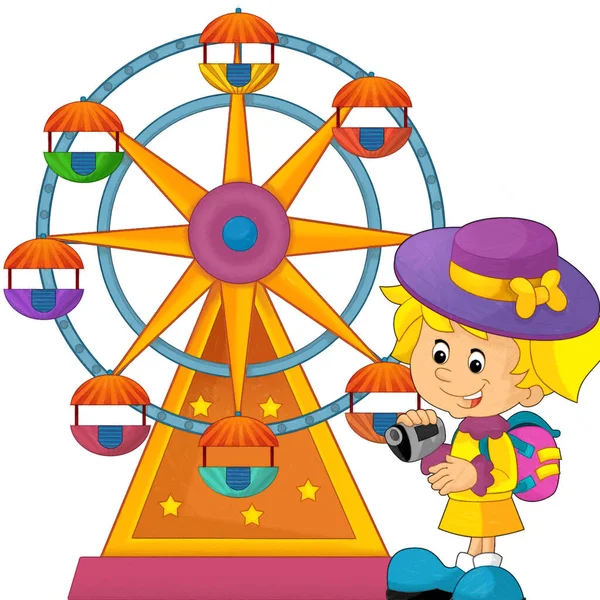 Cartoon Scene Kids Playing Funfair Amusement Park Playground Happy Illustration — Stock Photo, Image