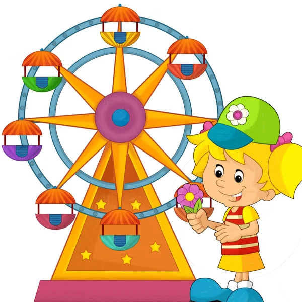 Escena Dibujos Animados Con Niños Jugando Parque Atracciones Feria Patio —  Fotos de Stock