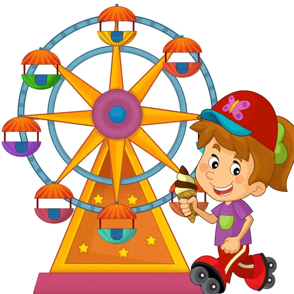 Tecknad Scen Med Barn Som Spelar Tivoli Eller Lekplats Glad — Stockfoto