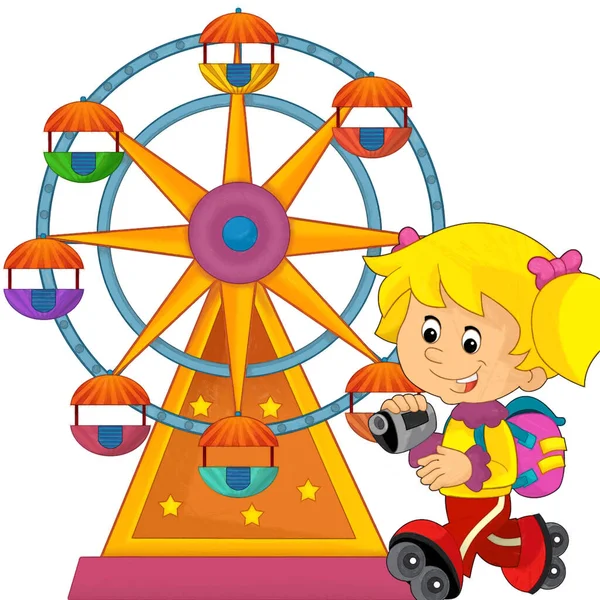 Cartoon Scene Met Kinderen Spelen Kermis Pretpark Speeltuin Gelukkig Illustratie — Stockfoto