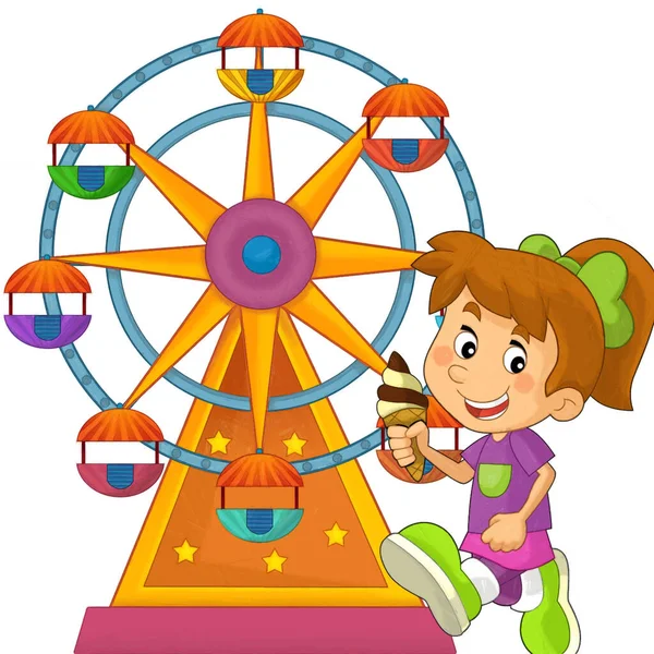 Cartoon Scene Kids Playing Funfair Amusement Park Playground Happy Illustration — Stock Photo, Image