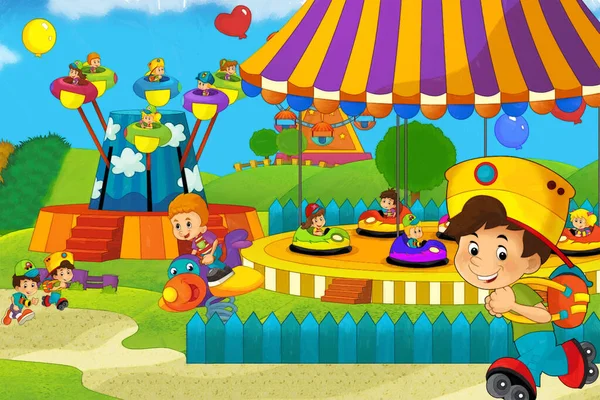 Cena Dos Desenhos Animados Com Crianças Jogando Parque Diversões Parque — Fotografia de Stock