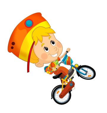 Çizgi film sahnesinde küçük bir çocuk bisiklete biniyor ve eğlencesine izole edilmiş çizimler yapıyor.