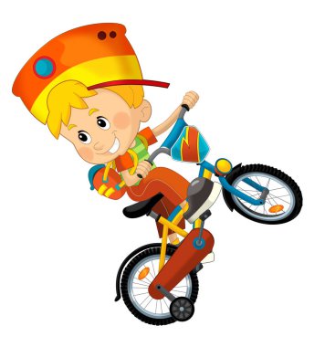 Çizgi film sahnesinde küçük bir çocuk bisiklete biniyor ve eğlencesine izole edilmiş çizimler yapıyor.