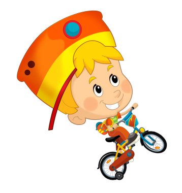 Çizgi film sahnesinde küçük bir çocuk bisiklete biniyor ve eğlencesine izole edilmiş çizimler yapıyor.