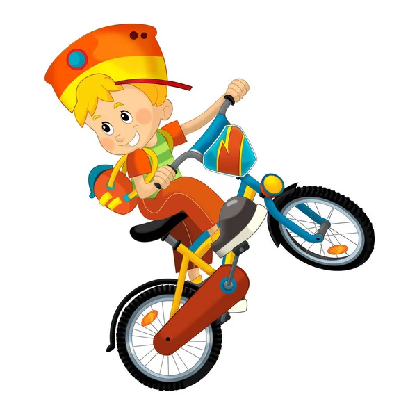 Çizgi Film Sahnesinde Küçük Bir Çocuk Bisiklete Biniyor Eğlencesine Izole — Stok fotoğraf