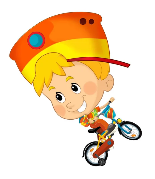 Мультяшна Сцена Маленьким Хлопчиком Який Їде Велосипеді Розваги Ізольована Хвороба — стокове фото