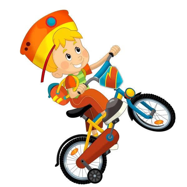 Мультяшна Сцена Маленьким Хлопчиком Який Їде Велосипеді Розваги Ізольована Хвороба — стокове фото