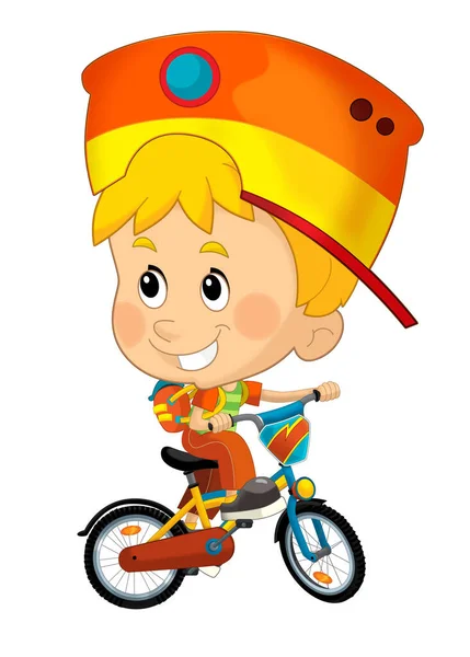 卡通片场景 小男孩骑着自行车为孩子们寻找快乐 孤独的幻影 — 图库照片