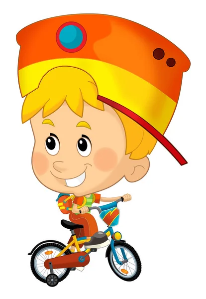 卡通片场景 小男孩骑着自行车为孩子们寻找快乐 孤独的幻影 — 图库照片
