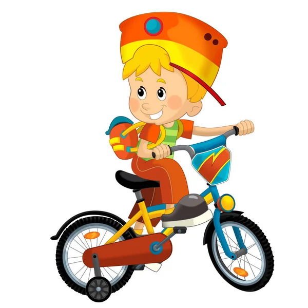 子供のための楽しい孤立したイラストのための自転車に乗って小さな男の子と漫画シーン — ストック写真