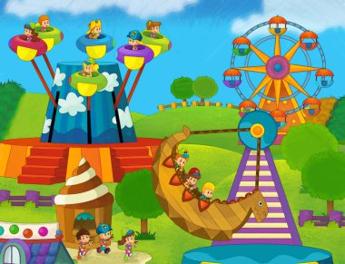Lunaparktaki çocukların oynadığı karikatür sahnesi ya da oyun parkındaki komik illüstrasyon