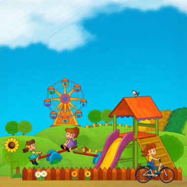 Lunaparktaki çocukların oynadığı karikatür sahnesi ya da oyun parkındaki komik illüstrasyon