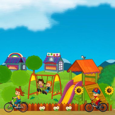 Lunaparktaki çocukların oynadığı karikatür sahnesi ya da oyun parkındaki komik illüstrasyon
