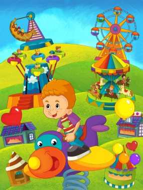 Lunaparktaki çocukların oynadığı karikatür sahnesi ya da oyun parkındaki komik illüstrasyon