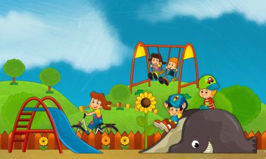 Lunaparktaki çocukların oynadığı karikatür sahnesi ya da oyun parkındaki komik illüstrasyon