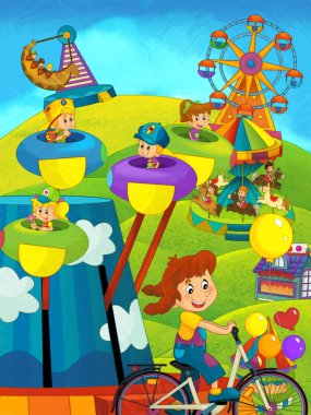 Lunaparktaki çocukların oynadığı karikatür sahnesi ya da oyun parkındaki komik illüstrasyon