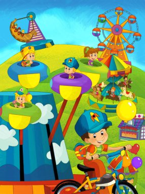 Lunaparktaki çocukların oynadığı karikatür sahnesi ya da oyun parkındaki komik illüstrasyon