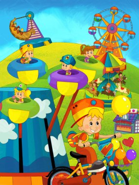 Lunaparktaki çocukların oynadığı karikatür sahnesi ya da oyun parkındaki komik illüstrasyon