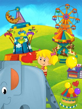 Lunaparktaki çocukların oynadığı karikatür sahnesi ya da oyun parkındaki komik illüstrasyon