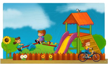 Lunaparktaki çocukların oynadığı karikatür sahnesi ya da oyun parkındaki komik illüstrasyon