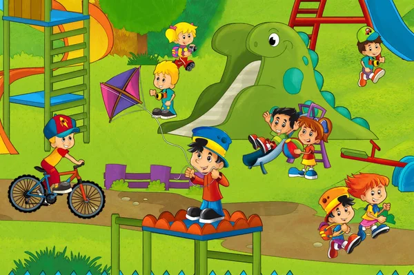 Tecknad Scen Med Barn Som Spelar Tivoli Eller Lekplats Rolig — Stockfoto