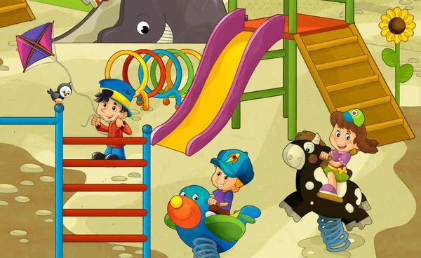 儿童在游乐场或游乐场玩耍的卡通片 — 图库照片