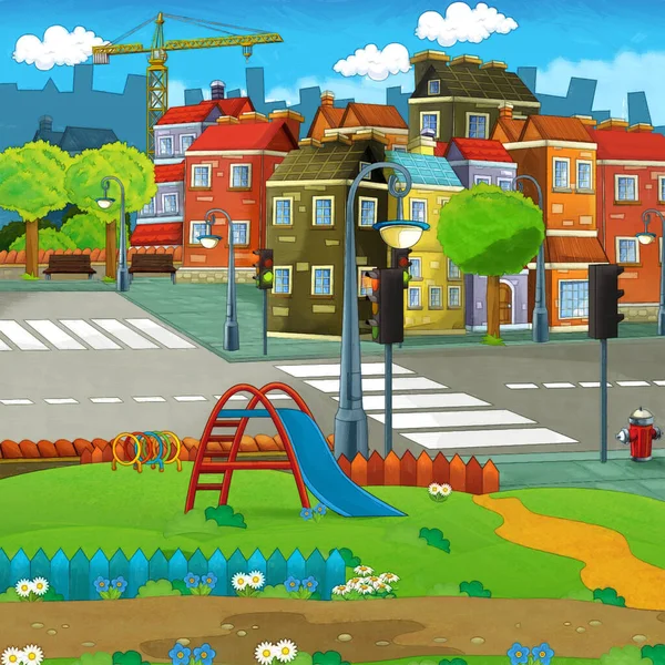 Lunaparktaki çocukların oynadığı karikatür sahnesi ya da oyun parkındaki komik illüstrasyon