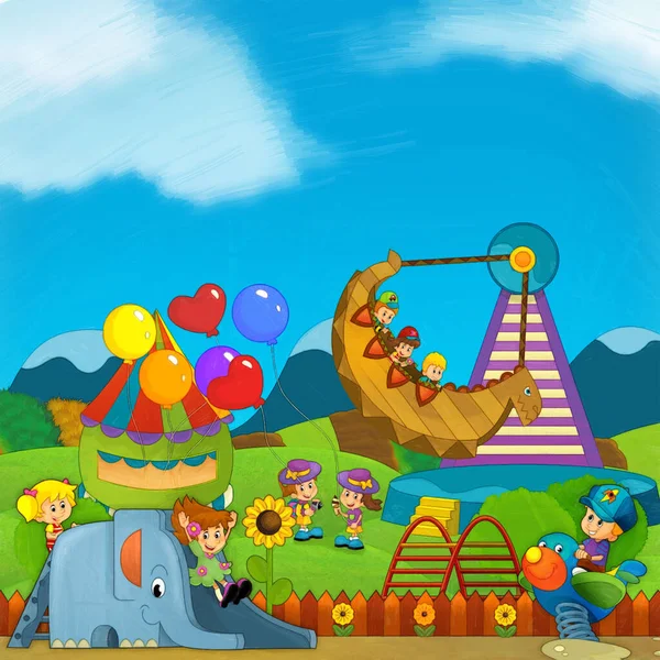 Animowana Scena Dziećmi Bawiącymi Się Wesołym Miasteczku Lub Placu Zabaw — Zdjęcie stockowe