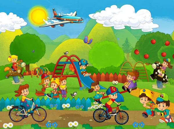 Scène Dessin Animé Avec Des Enfants Jouant Parc Attractions Aire — Photo