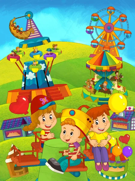 Cartoon Scene Kids Playing Funfair Amusement Park Playground Funny Illustration — Stock Photo, Image