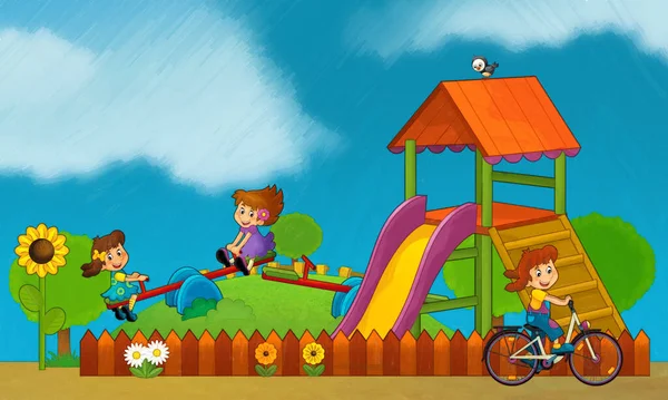 Cartoon Scene Met Kinderen Spelen Kermis Pretpark Speeltuin Grappige Illustratie — Stockfoto