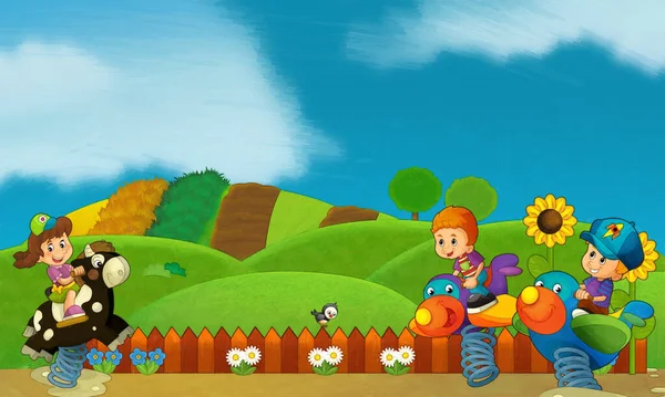 Cartoon Szene Mit Spielenden Kindern Vergnügungspark Oder Spielplatz Lustige Illustration — Stockfoto
