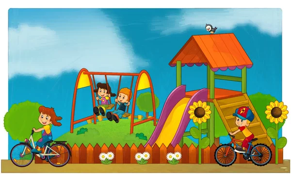 Мультяшная Сцена Детьми Играющими Парке Развлечений Детской Площадке Забавная Иллюстрация — стоковое фото