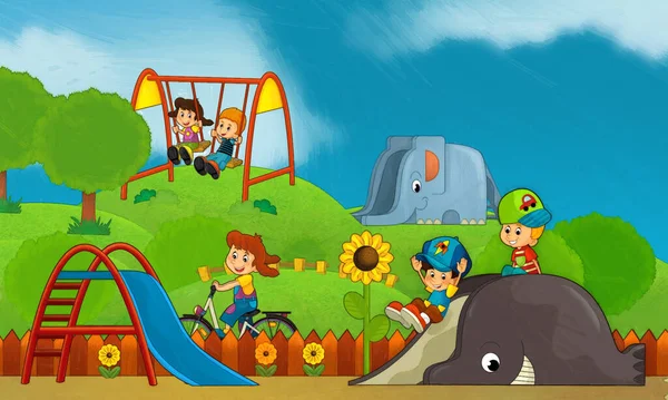 Мультяшная Сцена Детьми Играющими Парке Развлечений Детской Площадке Забавная Иллюстрация — стоковое фото