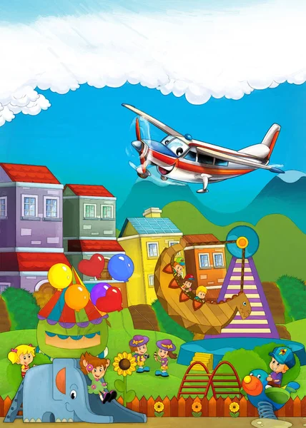 Rajzfilm Jelenet Gyerekek Játszanak Vidámpark Vagy Játszótér Vicces Illusztráció — Stock Fotó
