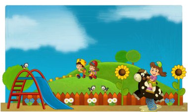 Lunaparktaki çocukların oynadığı karikatür sahnesi ya da oyun parkındaki komik illüstrasyon