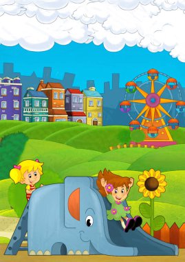 Lunaparktaki çocukların oynadığı karikatür sahnesi ya da oyun parkındaki komik illüstrasyon