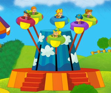 Lunaparktaki çocukların oynadığı karikatür sahnesi ya da oyun parkındaki komik illüstrasyon
