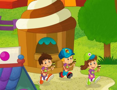 Lunaparktaki çocukların oynadığı karikatür sahnesi ya da oyun parkındaki komik illüstrasyon